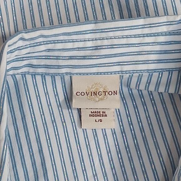 Covington Womens L Blue White Stripe 3/4 Sleeve Button Down Shirt Office Preppy - Picture 14 of 15